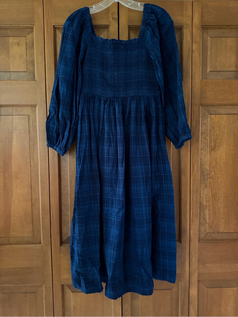 Madewell Navy Blue Plaid Smocked Midi Dress